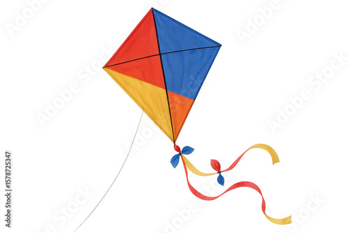 Vibrant kite soaring skyward, sporting bold red, blue, yellow panels, symbolizing boundless happiness against clear backdrop