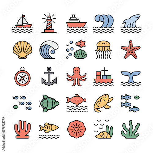Collection of Colorful Line Art Icons Depicting Marine Life Ocean Animals Ships Lighthouse Seashells Compass Anchor Octopus Whale Turtle Fish Coral Seaweed and Waves