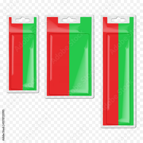 Hanging cardboard and clear plastic rectangle blister box. Realistic 3d vector mockup set. Transparent individual sleeve packaging with euro hole. Color mock-up. Easy to edit. Template for design