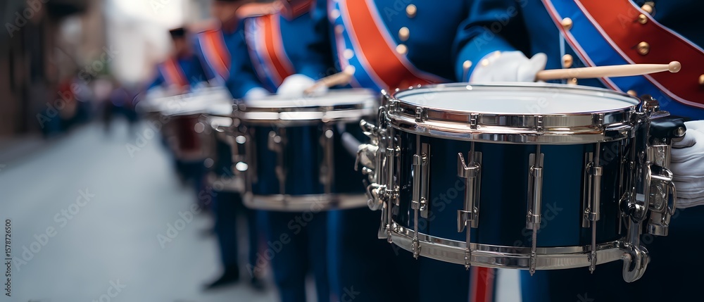 Fototapeta premium Marching Band Performers with Snare Drums on City Street