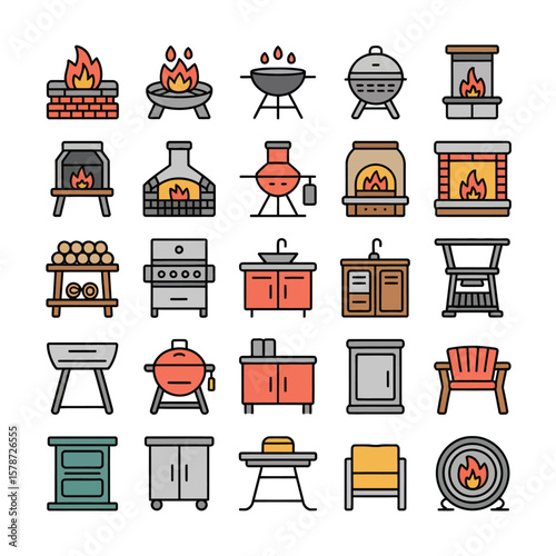 Collection of Colorful Line Art Icons Depicting Various Fireplaces Grills Outdoor Kitchens and Related Furnishings Including Brick Fireplaces Modern Gas Grills Kettle Grills
