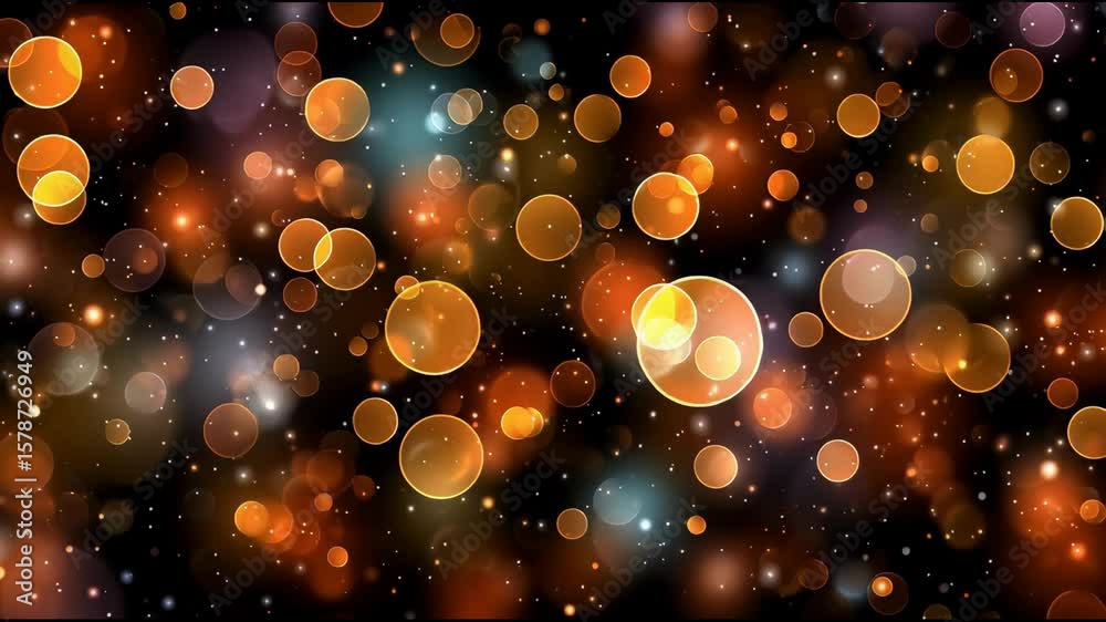 Glowing orange and yellow bokeh light circles blur softly on dark background creating warm abstract festive celebration atmosphere with scattered glowing orbs and bright light spots