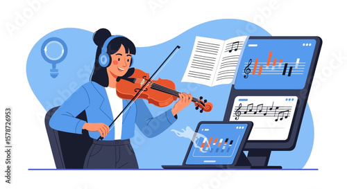 Online Violin Learning with Young Woman Practicing Through Video Call