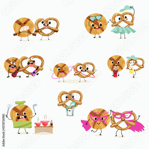 Baked food funny characters, hand drawn vector illustration.