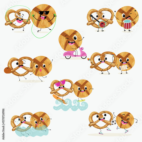 Baked food funny characters, hand drawn vector illustration.