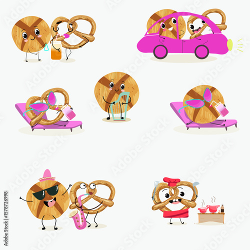 Baked food funny characters, hand drawn vector illustration.