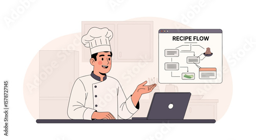 Professional Chef Designing Culinary Recipe Flowchart on His Laptop Online