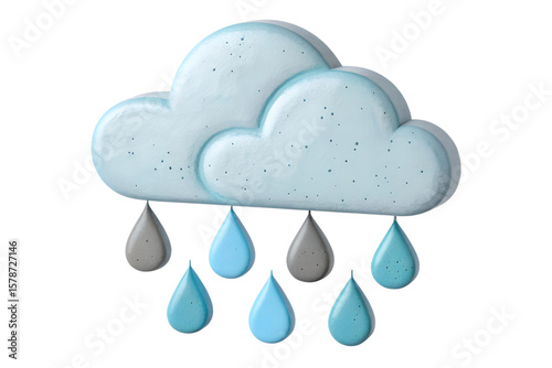 3D Clay Style Rain Cloud Icon with Droplets | Weather and Forecast Symbol in Pastel Colors for UI, Kids, and Educational Use