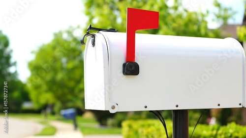White mailbox with a red flag raised, set against a green, leafy background
