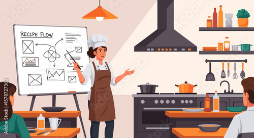 Professional Chef Explaining a Recipe Flow Chart in a Modern Kitchen