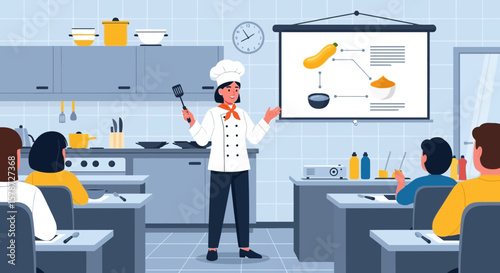 Professional Culinary Instructor Teaching a Recipe to Students in a Kitchen