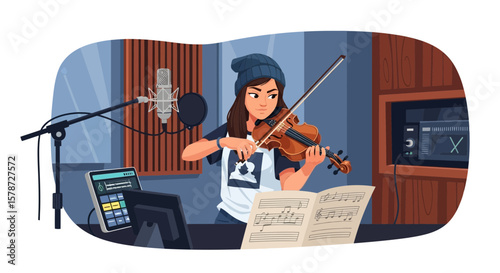 Violinist Girl Records Her Track In Sound Studio With Professional Microphone