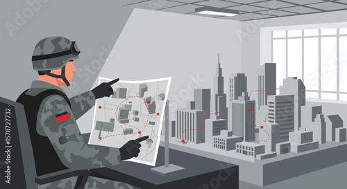 Military Strategy And Urban Planning Commander Examines Tactical City Map
