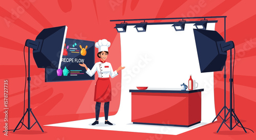 Female Chef Presents Culinary Recipe Flow on Food Studio Set