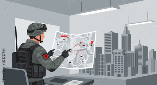 Soldier Planning City Defense Strategy Using Detailed Map in Urban Command Center
