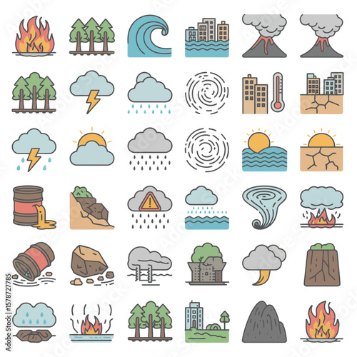 Collection of Colorful Line Icons Depicting Natural Disasters and Environmental Catastrophes Including Wildfires Forest Fires Floods Tsunamis Earthquakes Volcanic Eruptions