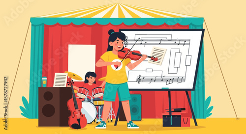 Young Musicians Practicing Together In A Colorful Tent Scene