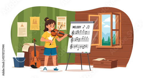 Young Girl Practices Violin With Sheet Music In Her Room At Home