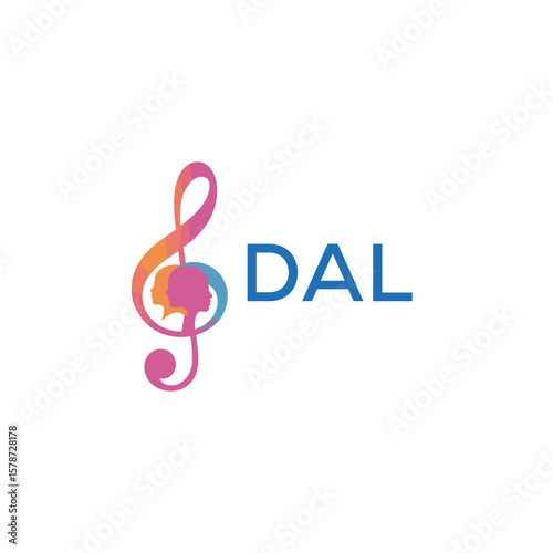 DAL “Creative music logo with human silhouettes and treble clef in gradient colors, DAL Later Logo, modern artistic design isolated on white background”
