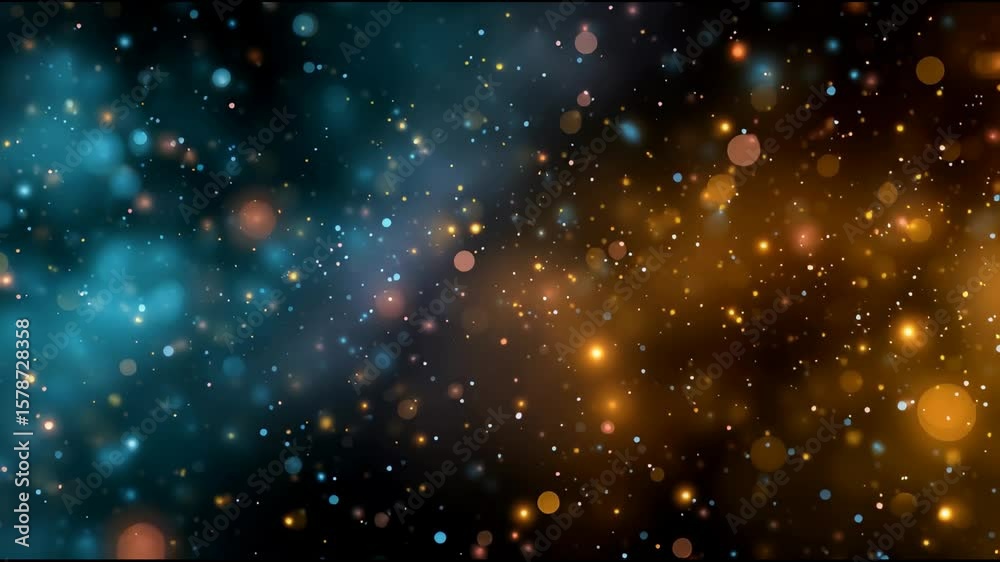 Colorful bokeh light glow with blue and orange vibrant particles scattered on dark background creating magical festive atmosphere full of sparkling soft focus effects and radiant energy