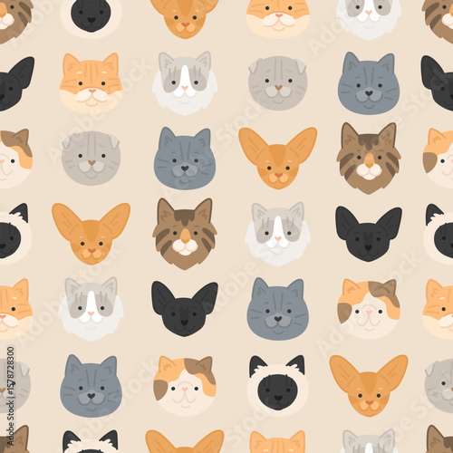 Vector seamless pattern with сartoon cats breeds. Cute texture with faces of abissian, persian, siamese, scottish fold, golden shader on beige background. Flat style pattern for textile or paper