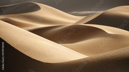 Rolling desert sand dunes appear soft and inviting, light gently caressing every curve and line, creating scene of tranquility and peace