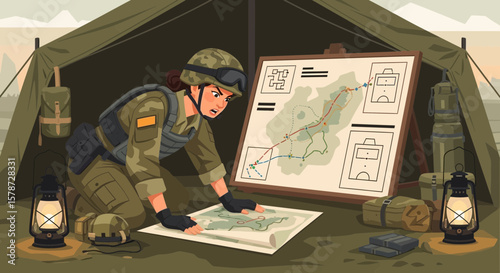 Female Soldier Strategizing Military Operation In Tent With Battle Plan