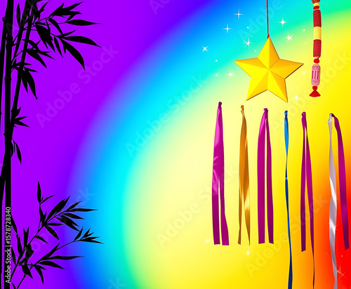 A festive celebration scene with a golden star, colorful ribbons, and bamboo against a vibrant rainbow background.