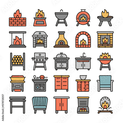 Collection of Colorful Line Icons Depicting Various Fireplaces Grills and Outdoor Cooking Appliances Including Brick Fire Pits Wood Burning Stoves and Modern Built In Grills