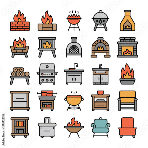 Collection of Colorful Line Icons Depicting Various Fireplaces Grills and Outdoor Kitchen Elements Including Brick Fireplaces Wood Burning Stoves Campfires Charcoal Grills Gas