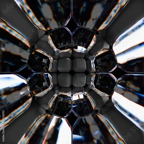 Fototapeta Naklejka Na Ścianę i Meble -  Futuristic 3D abstract with symmetrical glass-like geometry forming a tunnel. Reflective and transparent surfaces blend with a dark background to create a sci-fi inspired digital environment.