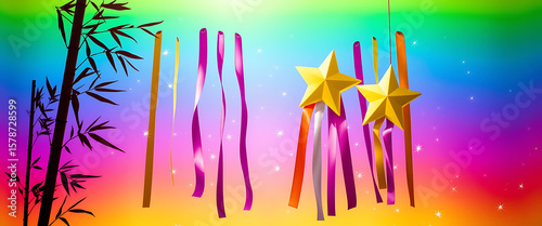 Celebrate Tanabata Star Festival with vibrant ribbons, bamboo, and glittering stars against a colorful rainbow backdrop.