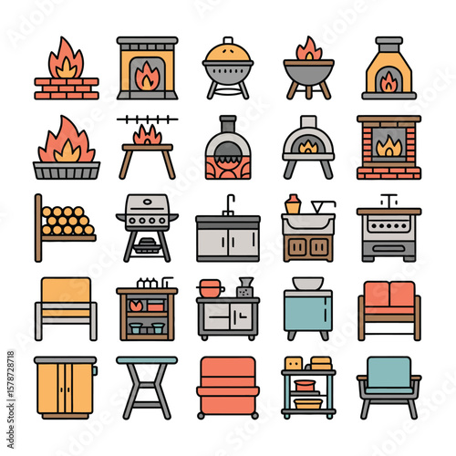 Collection of Colorful Line Icons Depicting Various Indoor and Outdoor Cooking Appliances Fireplaces and Furniture Items Including Grills Fire Pits Stoves Kitchen Cabinets and