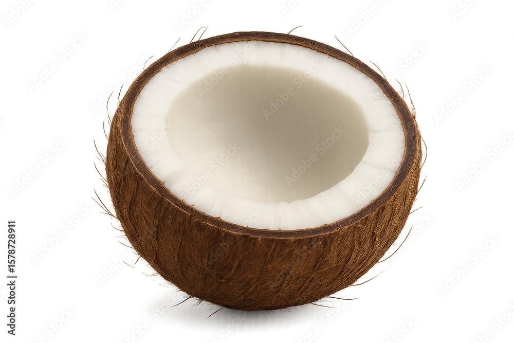 Halved ripe coconut displaying creamy white interior, transparent backdrop emphasizing exotic tropical freshness Halved ripe coconut displaying creamy white interior, transparent backdrop emphasizing exotic tropical freshness