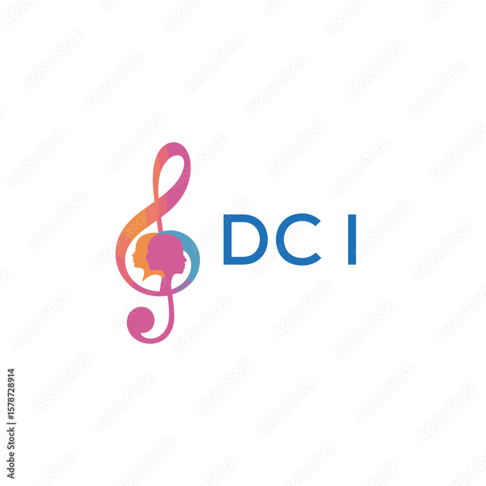 Fototapeta premium DCI “Colorful music logo with human faces and treble clef design” DCI Later Logo, “Creative music academy logo with silhouette heads and notes” 