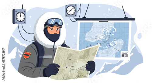 Mountaineer Navigating With Topographical Map During Expedition Adventure