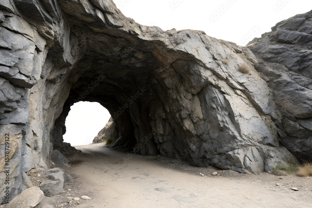 Obraz premium Explore the dark, ancient cavern where rock and water seamlessly blend with the natural mountain landscape