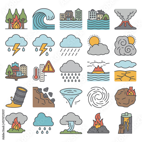 Collection of Colorful Line Icons Depicting Various Natural Disasters and Environmental Catastrophes Including Wildfires Floods Tsunamis Volcanic Eruptions Tornadoes Landslides