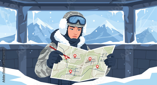Soldier Examines Map in Snowy Outpost During Cold Weather Military Operation