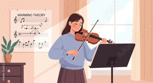 Focused Young Woman Practicing the Violin at Home For Musical Growth