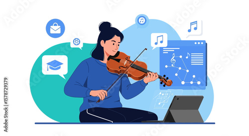 Young Woman Learning Violin Online With Educational Platform Using a Tablet