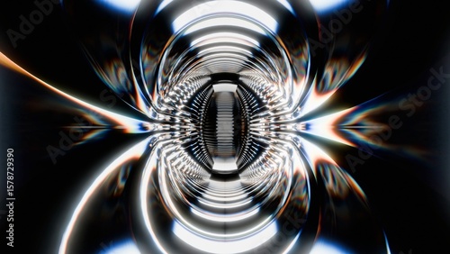 Fototapeta Naklejka Na Ścianę i Meble -  Radial 3D render of a tunnel with reflective chrome and glass materials, centered around a glowing lens. Light bends and refracts in a symmetrical, futuristic digital composition.