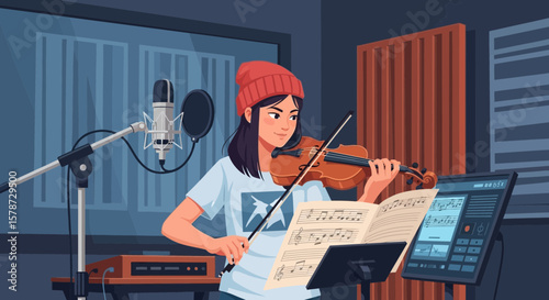 Young Musician Records Violin Solo In Professional Studio With Microphone