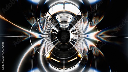 Fototapeta Naklejka Na Ścianę i Meble -  Futuristic chrome tunnel with concentric light distortions and mirrored reflections. High-contrast abstract 3D render with radial symmetry and intense visual energy.