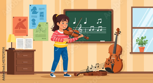 Young Enthusiastic Girl Learning Violin in a Classroom Setting
