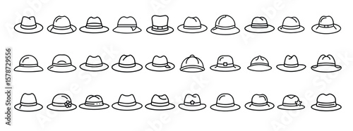 Hat line icon set. Vector pictograms of fedora, trilby, cowboy hat, boater, top hat, sun hat, cloche, wide brim, derby, thin linear illustration.