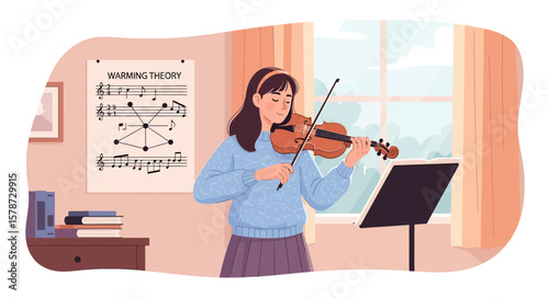 Young Woman Practice Violin at Home in Order to Warming Theory