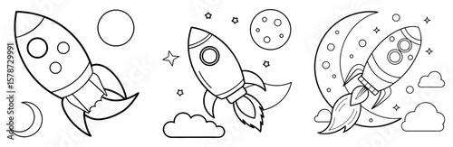 Rocket Flies to the Moon Coloring Book Page - Outline Vector Line Art