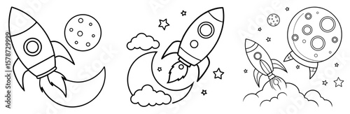 Rocket Flies to the Moon Coloring Book Page - Outline Vector Line Art