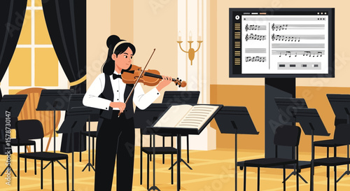 Young Woman Practicing Violin Solo With Music Notation Software Displayed